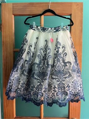 Chi Chi London Ivory Tulle Skirt with Navy Embroidered Lace